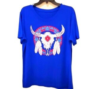 Womens Royal Blue Bull Skull Feather Graphic T Shirt Top Tee